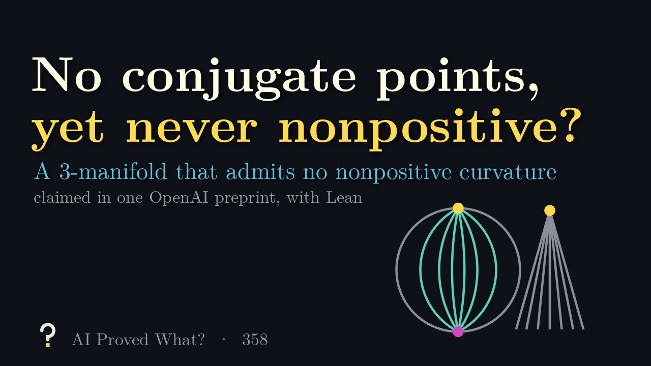 Play Episode 358: No conjugate points, yet never nonpositive? Geodesics from a pole refocusing on a sphere beside lines spreading from a point.
