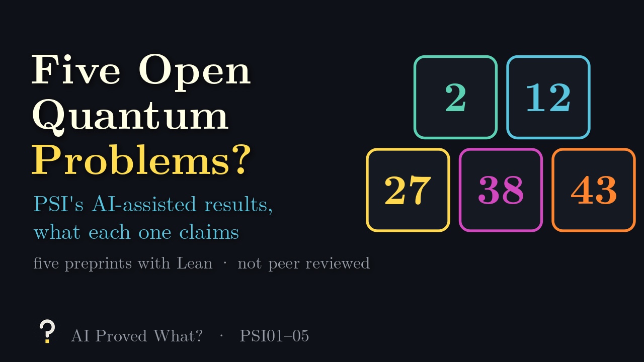 Play PSI01–05: tiles numbered 2, 12, 27, 38 and 43, the five Open Quantum Problems.
